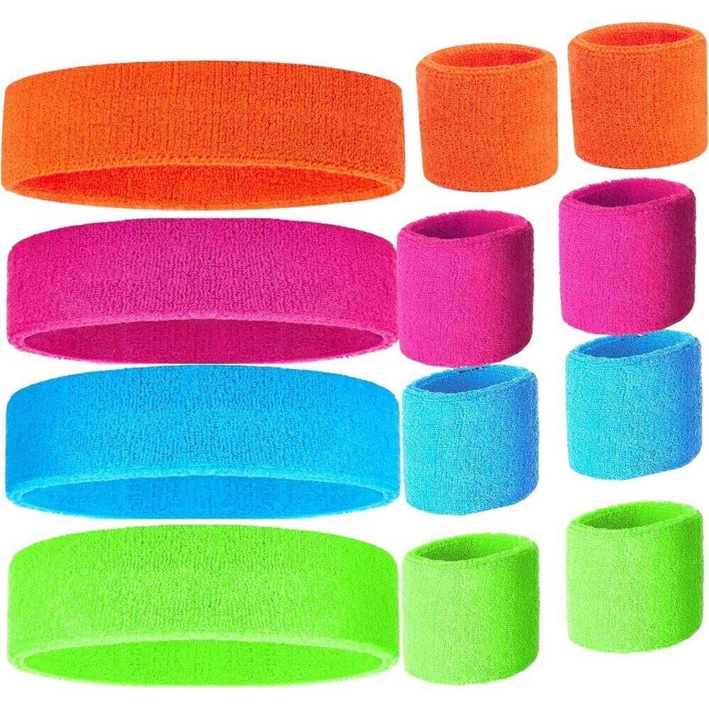 80s Neon Sweatband Set Cotton Blend One Size Sports Headbands Wristbands